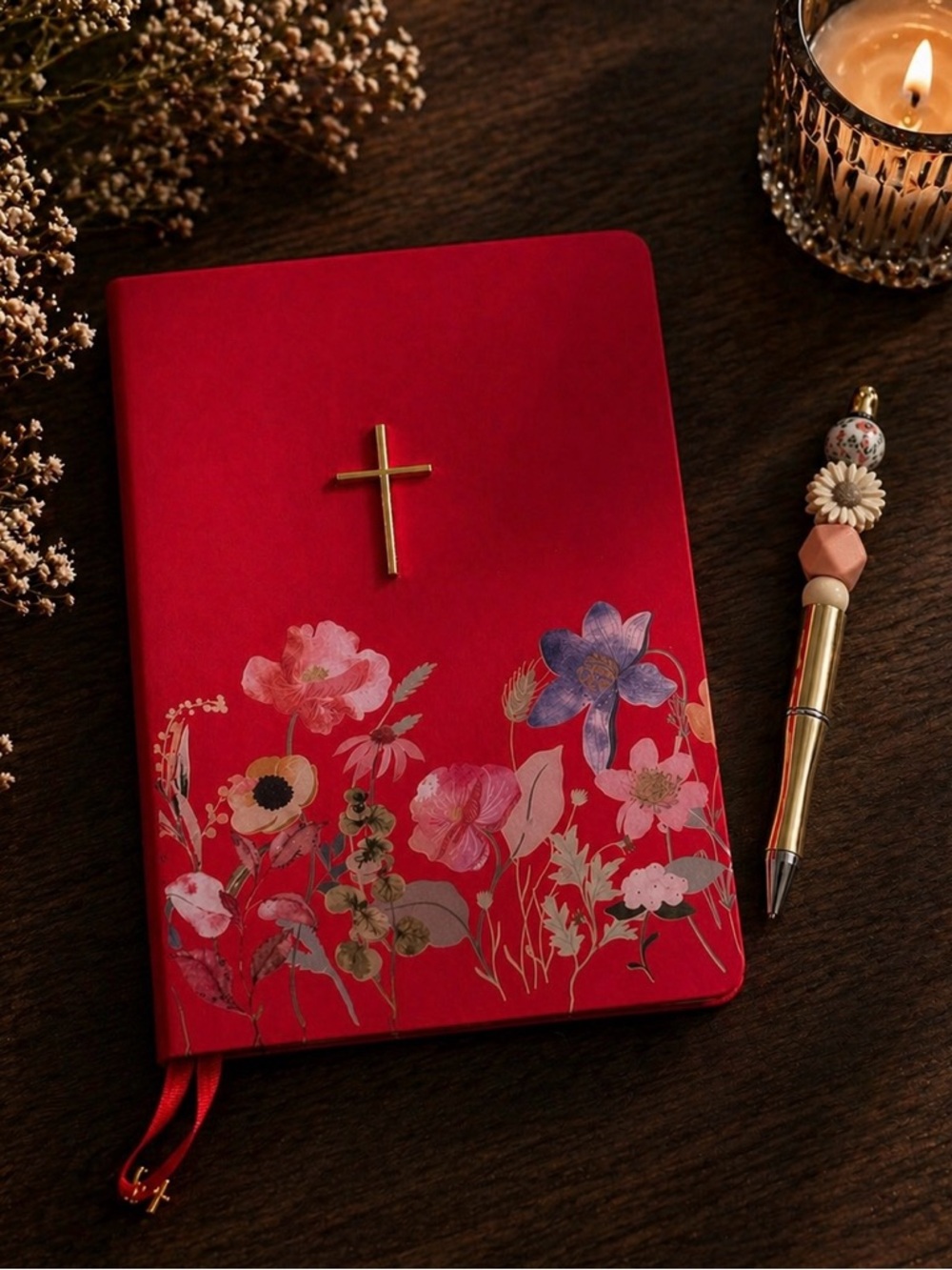 Beautiful handmade flower beaded pen with Red Floral Cross Hardcover Journal